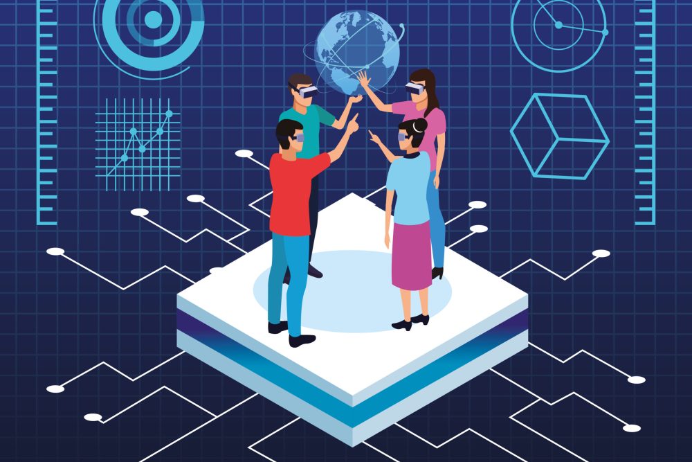 Friends playing with virtual reality glasses and world hologram on blue background with game graphs vector illustration graphic design